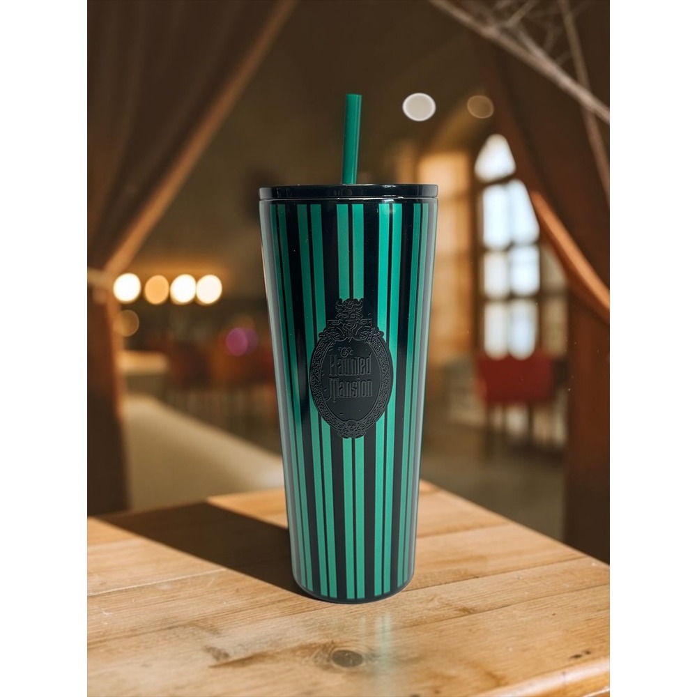 New 2024 Starbucks Haunted Mansion Tumbler Disney Venti 24oz Teal Black Stripes